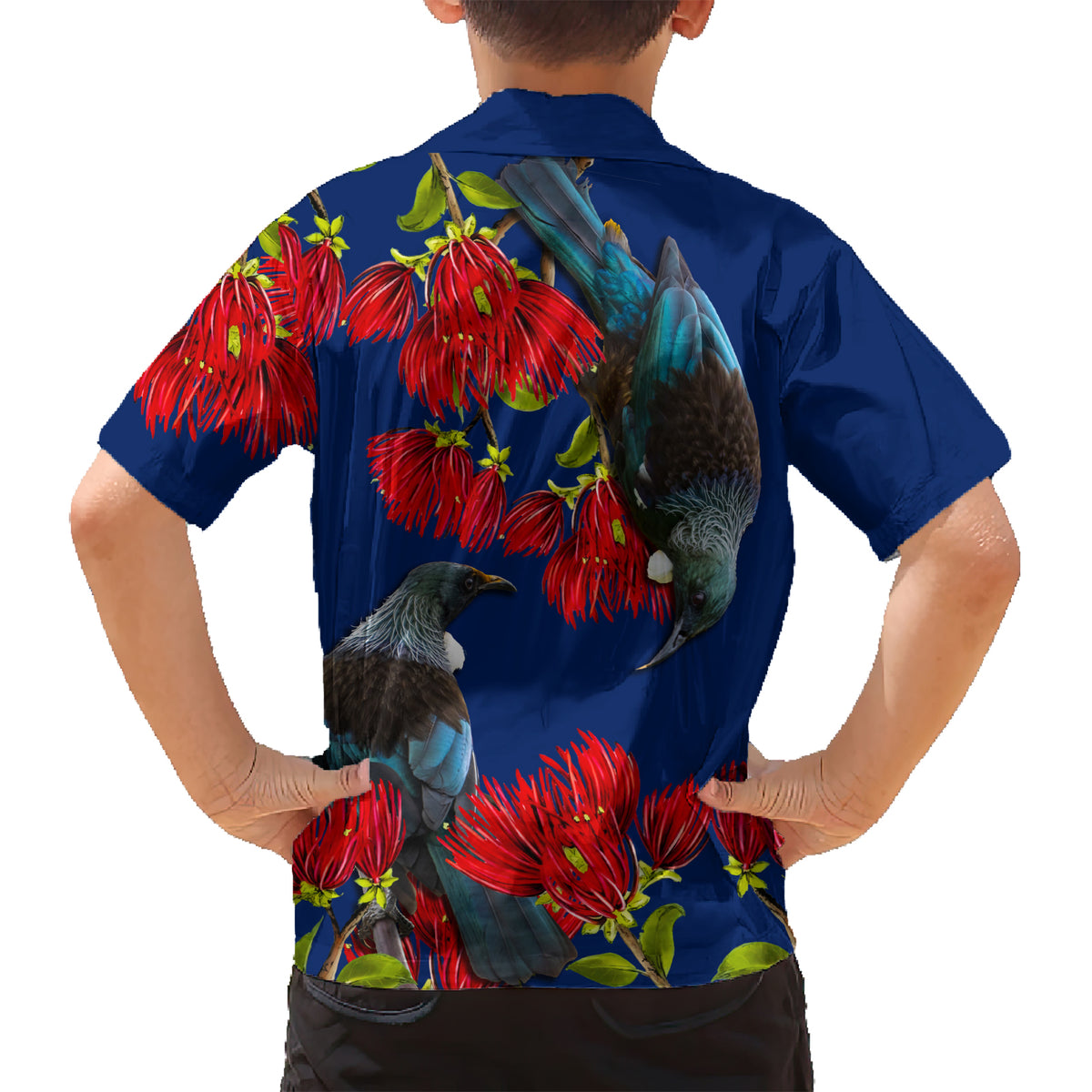 New Zealand Pohutukawa with Tui Birds Family Matching Short Sleeve Bodycon Dress and Hawaiian Shirt Version 2 LT7 - Polynesian Pride