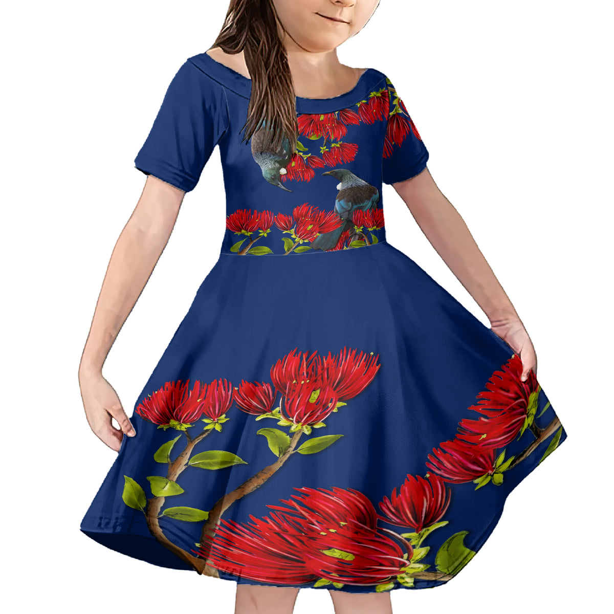 New Zealand Pohutukawa with Tui Birds Family Matching Short Sleeve Bodycon Dress and Hawaiian Shirt Version 2 LT7 Daughter's Dress Blue - Polynesian Pride