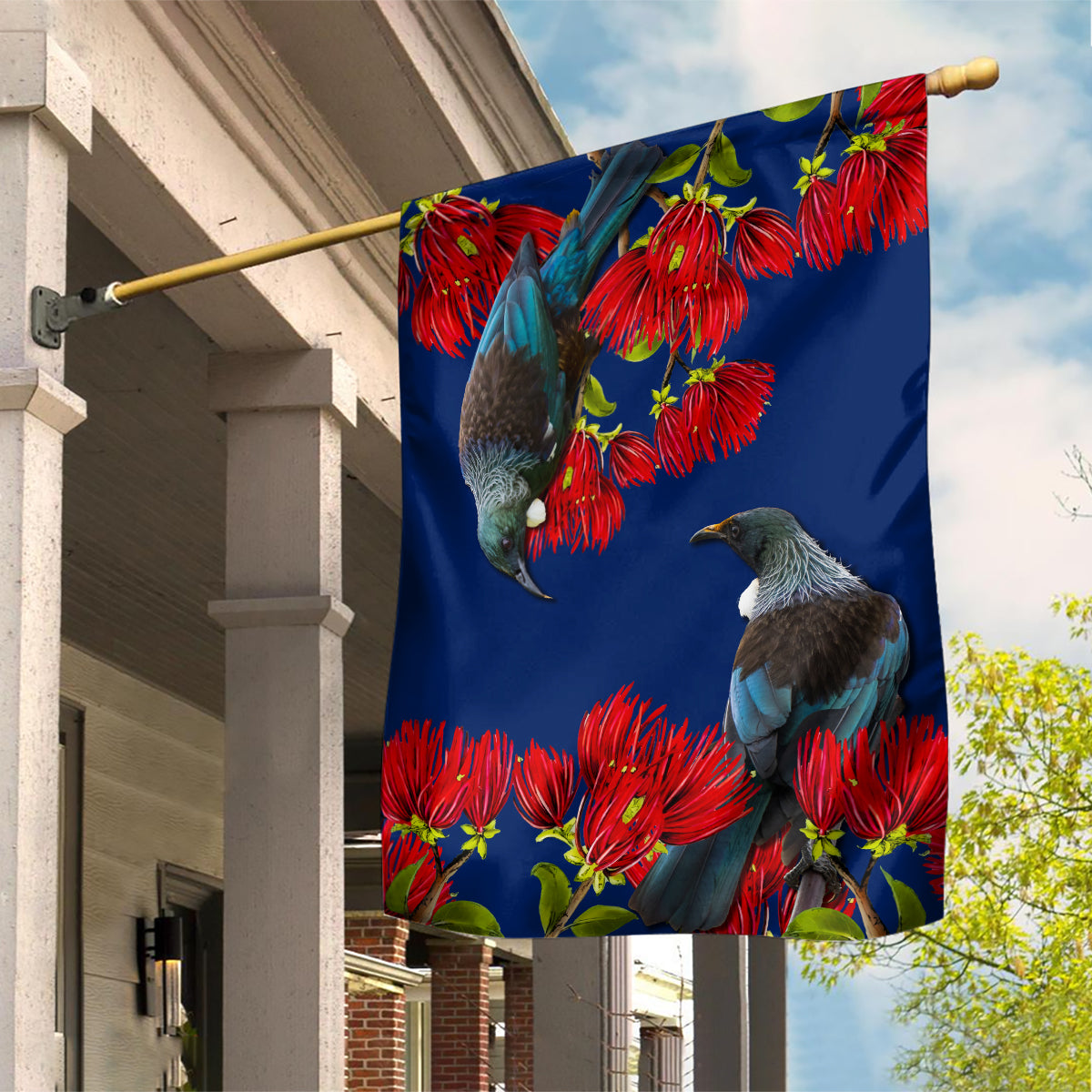 New Zealand Pohutukawa with Tui Birds Garden Flag Version 2 LT7 House Flag Blue - Polynesian Pride