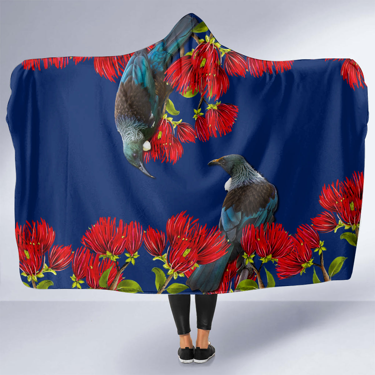 New Zealand Pohutukawa with Tui Birds Hooded Blanket Version 2 LT7 - Polynesian Pride