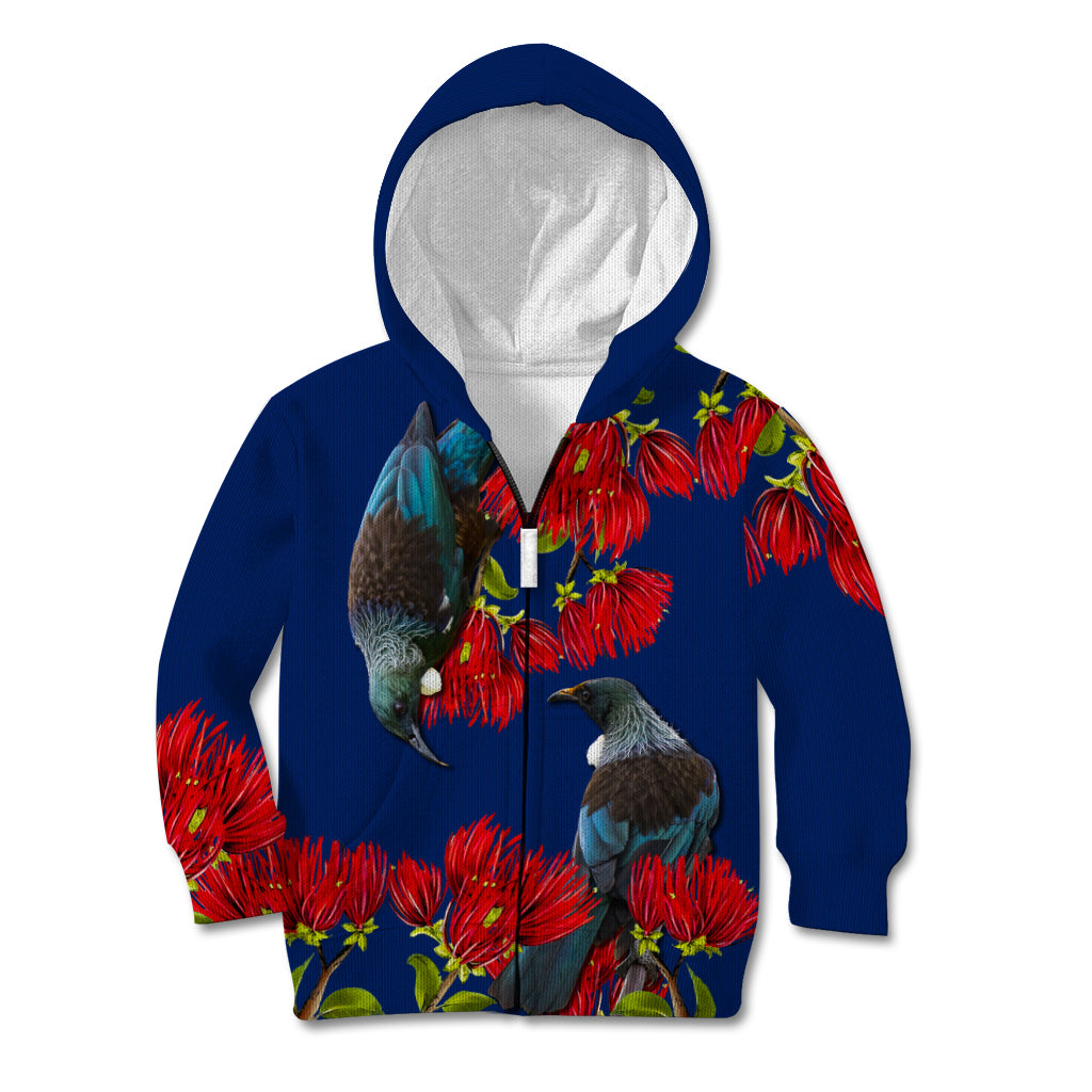 New Zealand Pohutukawa with Tui Birds Kid Hoodie Version 2 LT7 Zip Hoodie Blue - Polynesian Pride