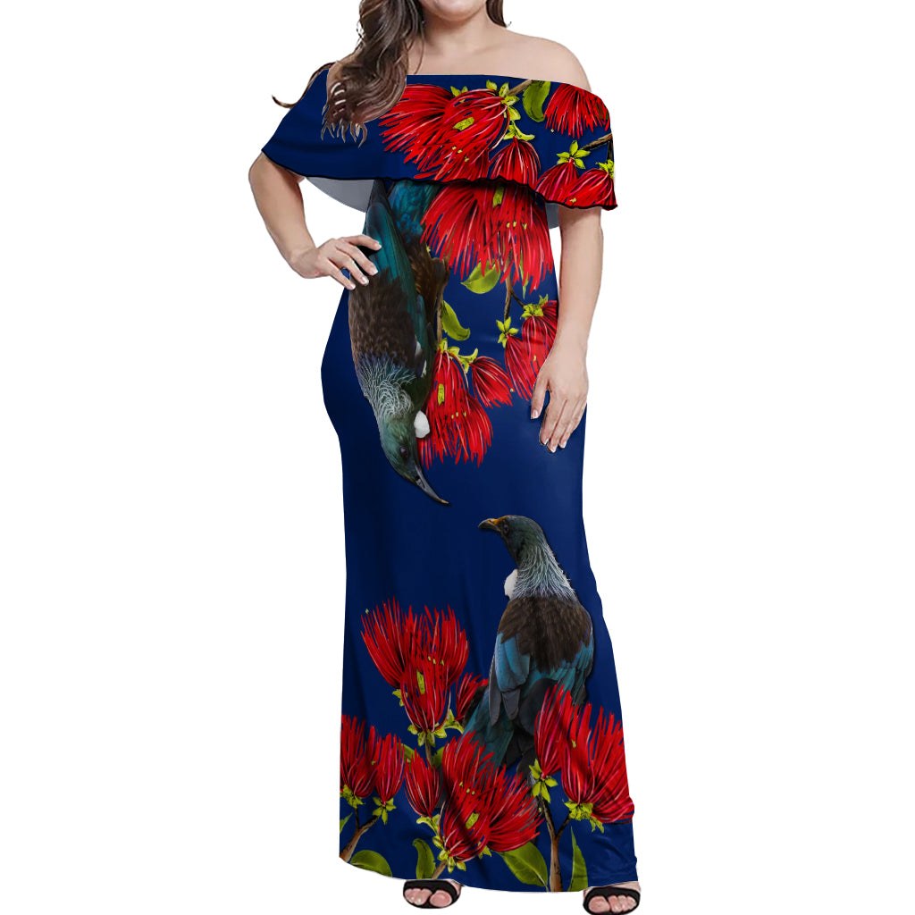 New Zealand Pohutukawa with Tui Birds Off Shoulder Maxi Dress Version 2 LT7 Women Blue - Polynesian Pride