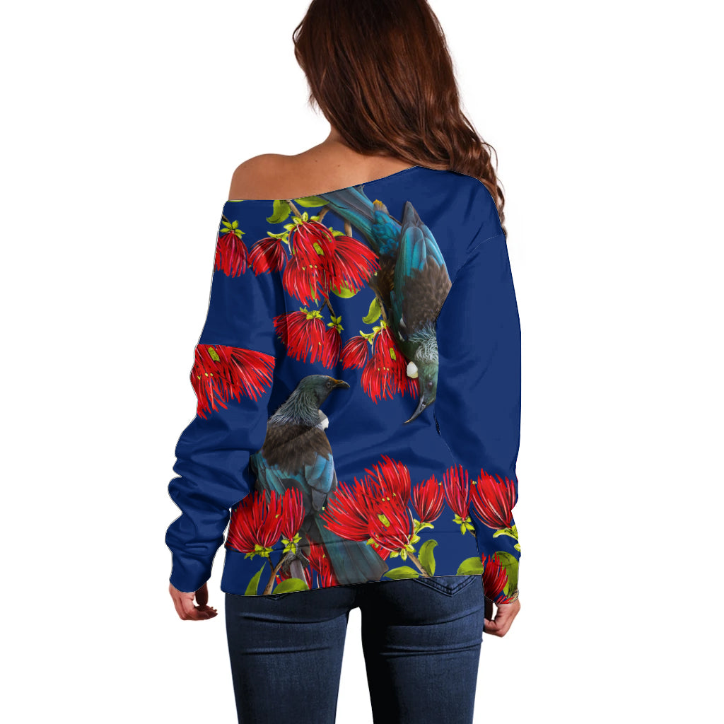 New Zealand Pohutukawa with Tui Birds Off Shoulder Sweater Version 2 LT7 - Polynesian Pride