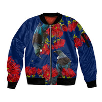 New Zealand Pohutukawa with Tui Birds Sleeve Zip Bomber Jacket Version 2 LT7 Unisex Blue - Polynesian Pride