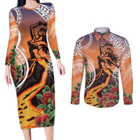 Hawaii Women's Day Tribal Couples Matching Long Sleeve Bodycon Dress and Long Sleeve Button Shirt Pele Honua Mea LT7 Art - Polynesian Pride