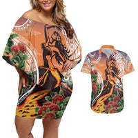 Hawaii Women's Day Tribal Couples Matching Off Shoulder Short Dress and Hawaiian Shirt Pele Honua Mea LT7 Art - Polynesian Pride