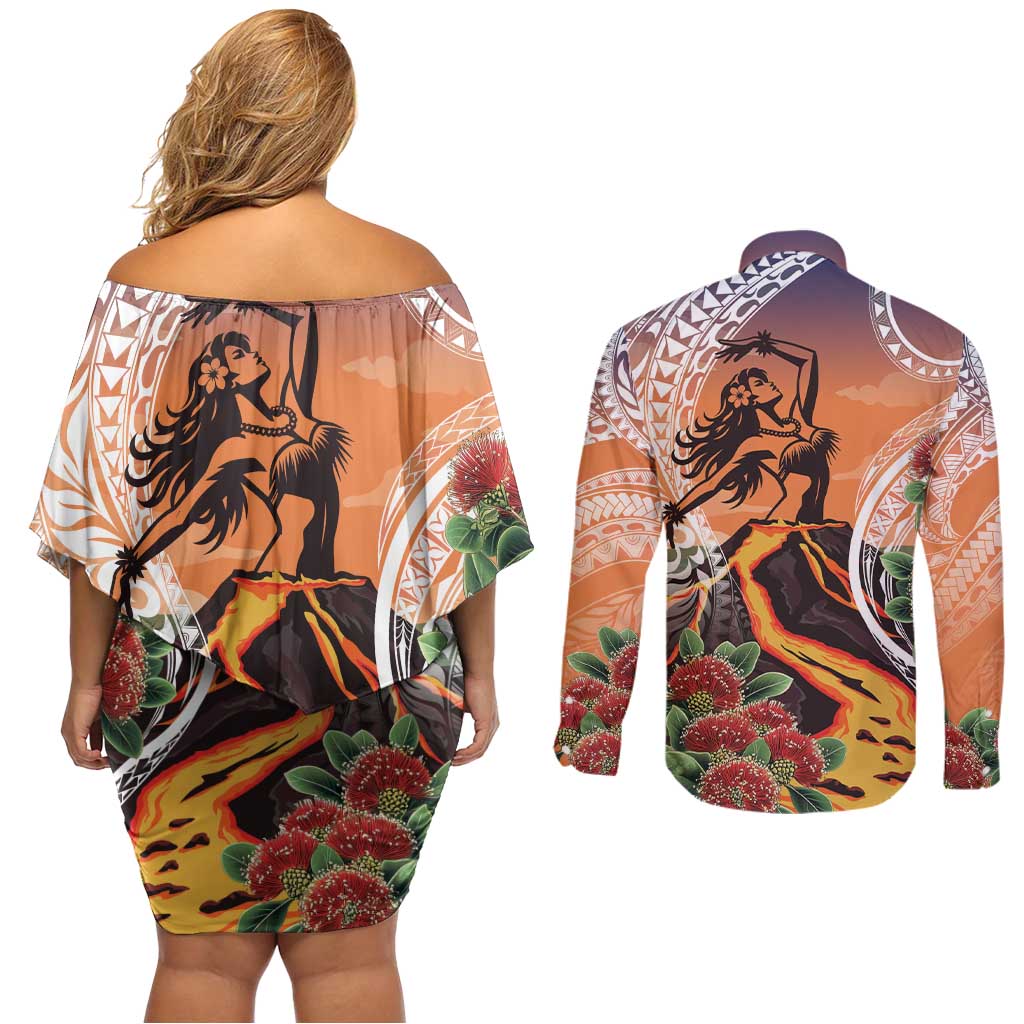 Hawaii Women's Day Tribal Couples Matching Off Shoulder Short Dress and Long Sleeve Button Shirt Pele Honua Mea LT7 - Polynesian Pride