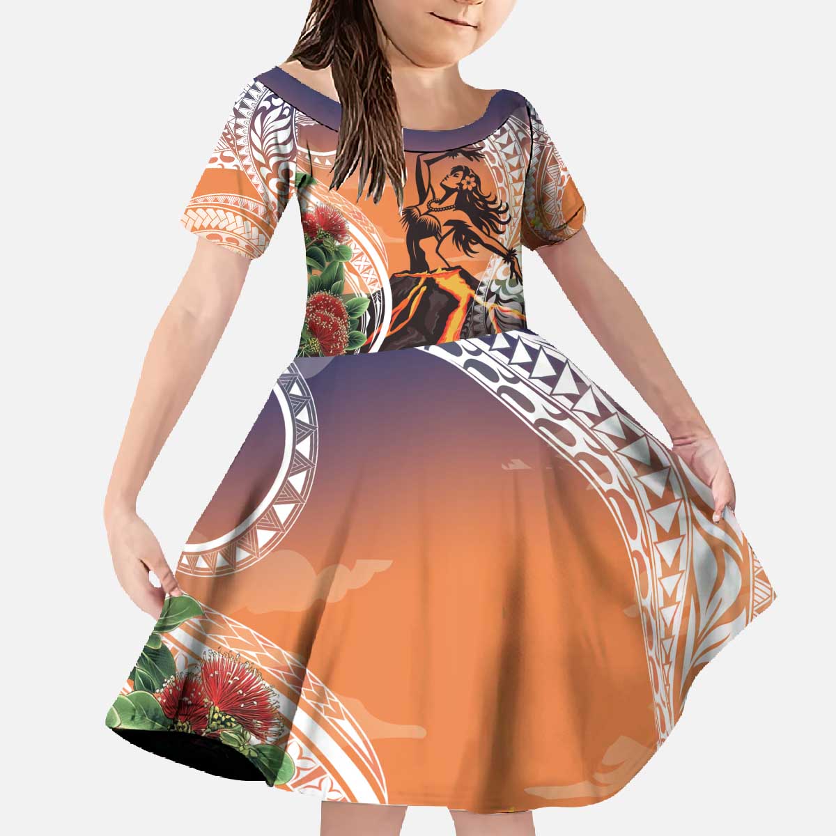 Hawaii Women's Day Tribal Family Matching Off The Shoulder Long Sleeve Dress and Hawaiian Shirt Pele Honua Mea