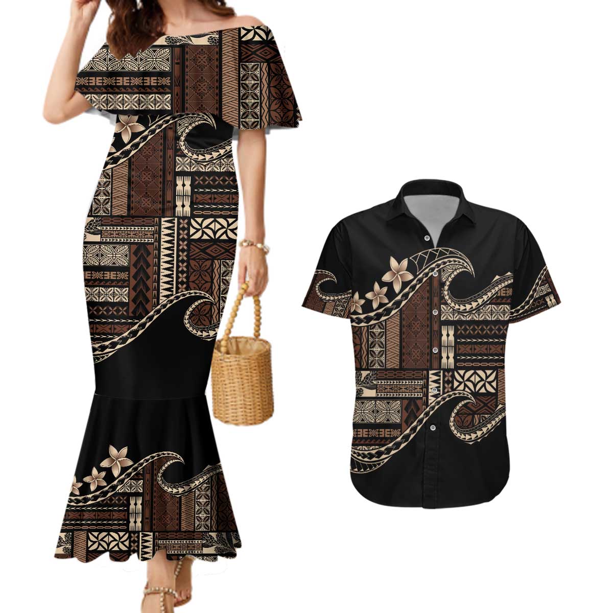 Samoa Siapo Mamanu Couples Matching Mermaid Dress and Hawaiian Shirt Waves Motifs