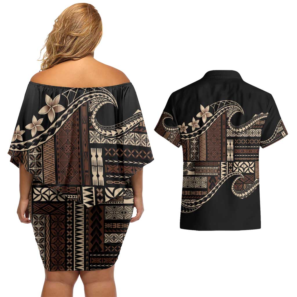 Samoa Siapo Mamanu Couples Matching Off Shoulder Short Dress and Hawaiian Shirt Waves Motifs