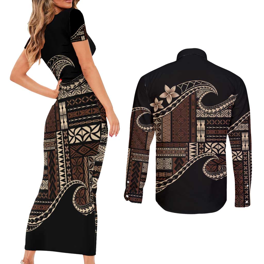 Samoa Siapo Mamanu Couples Matching Short Sleeve Bodycon Dress and Long Sleeve Button Shirt Waves Motifs