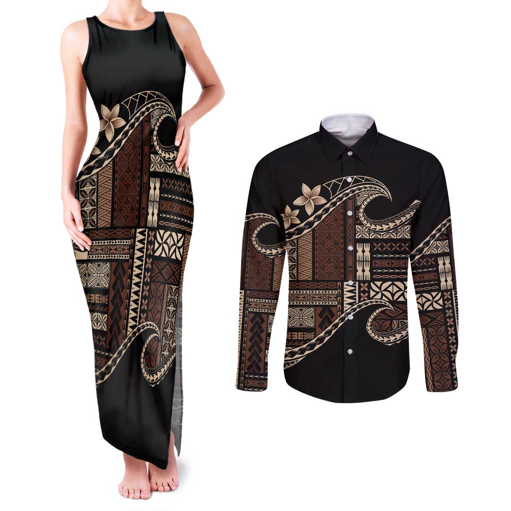 Samoa Siapo Mamanu Couples Matching Tank Maxi Dress and Long Sleeve Button Shirt Waves Motifs