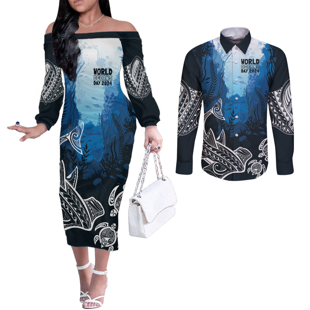 World Ocean Day Pasifika Couples Matching Off The Shoulder Long Sleeve Dress and Long Sleeve Button Shirt Awaken New Depths LT7 Blue - Polynesian Pride