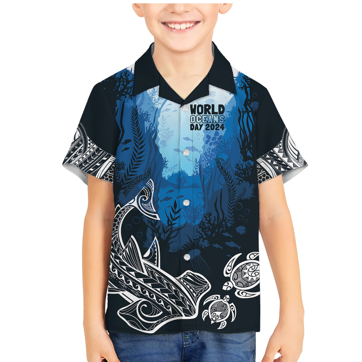 World Ocean Day Pasifika Family Matching Mermaid Dress and Hawaiian Shirt Awaken New Depths LT7 Son's Shirt Blue - Polynesian Pride