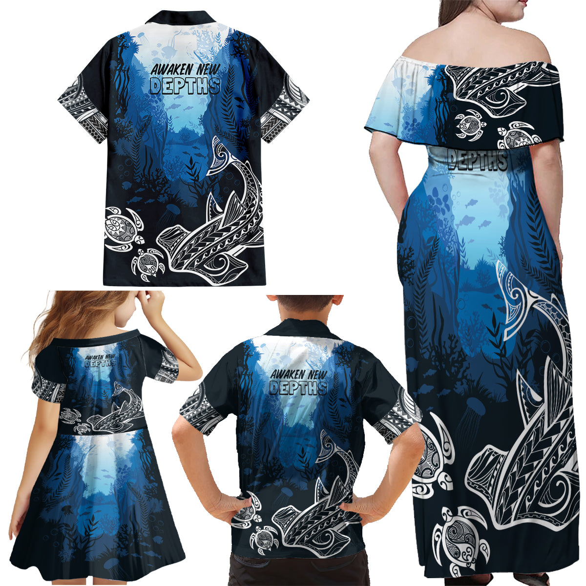 World Ocean Day Pasifika Family Matching Off Shoulder Maxi Dress and Hawaiian Shirt Awaken New Depths LT7 - Polynesian Pride