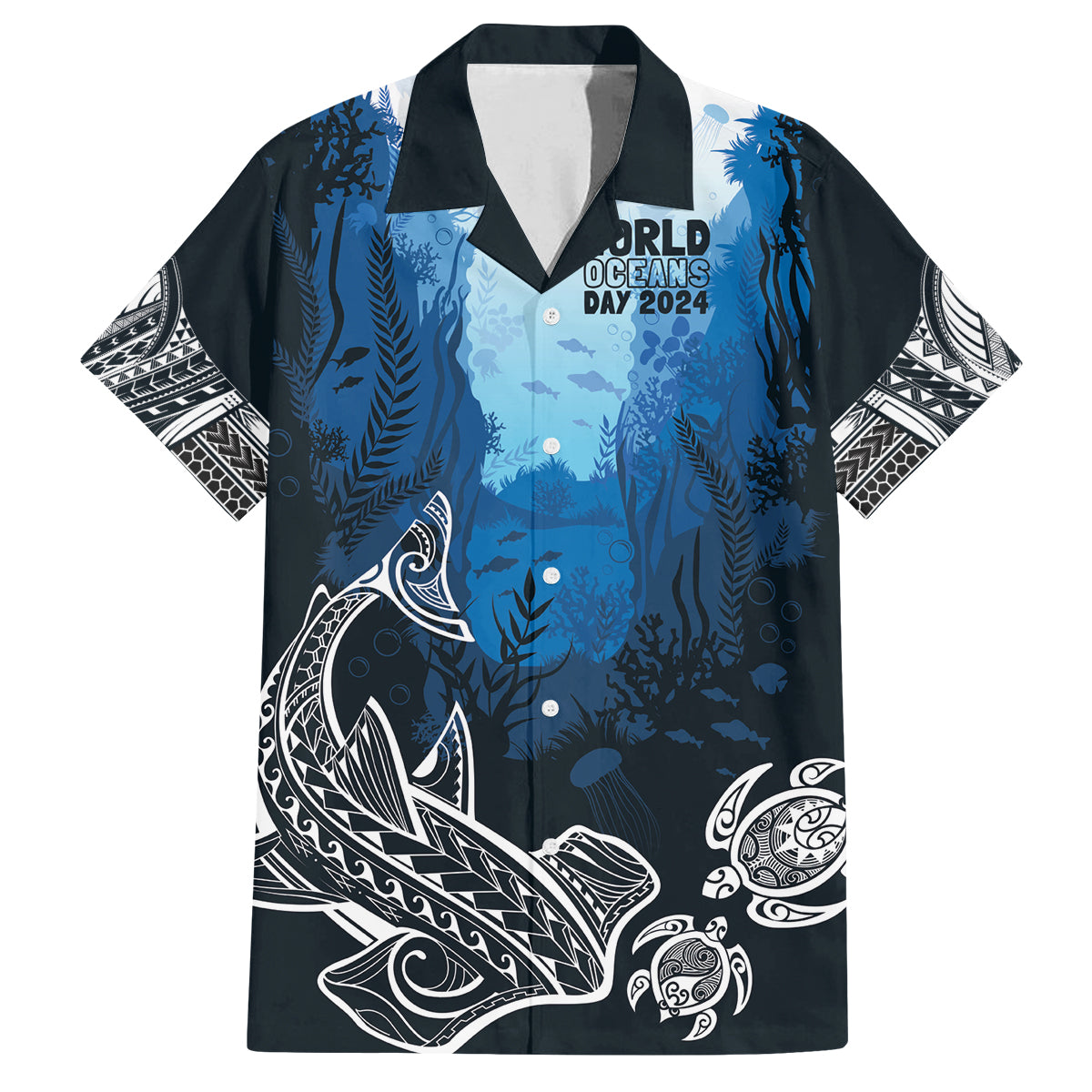 World Ocean Day Pasifika Family Matching Off Shoulder Maxi Dress and Hawaiian Shirt Awaken New Depths LT7 Dad's Shirt - Short Sleeve Blue - Polynesian Pride