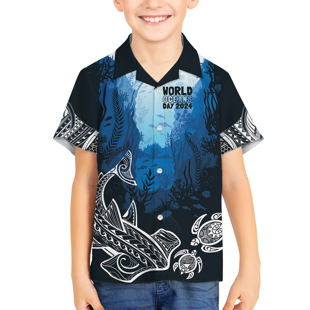 World Ocean Day Pasifika Family Matching Off Shoulder Maxi Dress and Hawaiian Shirt Awaken New Depths LT7 Son's Shirt Blue - Polynesian Pride