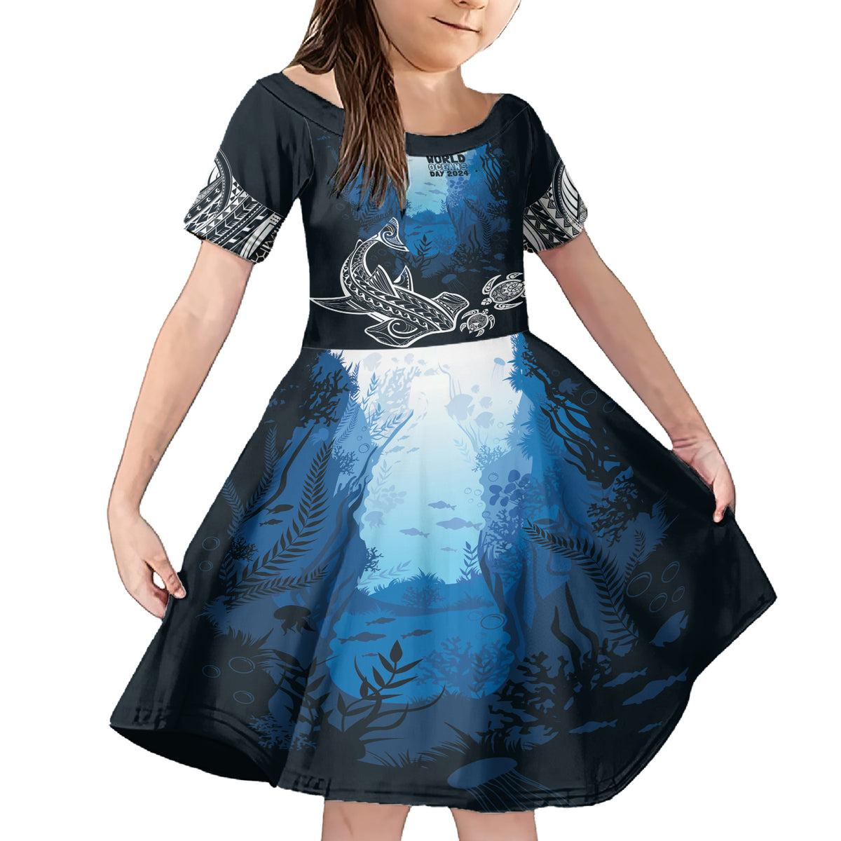 World Ocean Day Pasifika Family Matching Short Sleeve Bodycon Dress and Hawaiian Shirt Awaken New Depths LT7 Daughter's Dress Blue - Polynesian Pride