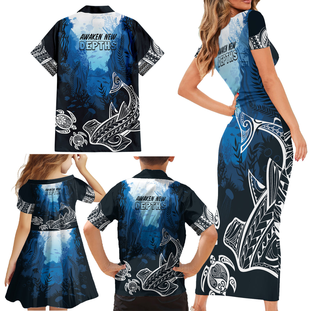 World Ocean Day Pasifika Family Matching Short Sleeve Bodycon Dress and Hawaiian Shirt Awaken New Depths LT7 - Polynesian Pride