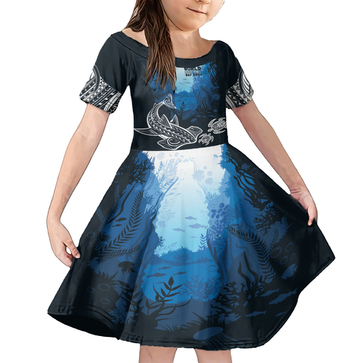 World Ocean Day Pasifika Family Matching Summer Maxi Dress and Hawaiian Shirt Awaken New Depths LT7 Daughter's Dress Blue - Polynesian Pride