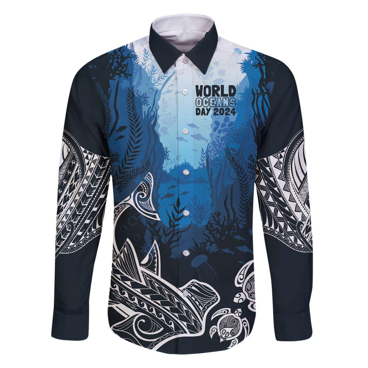 World Ocean Day Pasifika Family Matching Tank Maxi Dress and Hawaiian Shirt Awaken New Depths LT7 Dad's Shirt - Long Sleeve Blue - Polynesian Pride