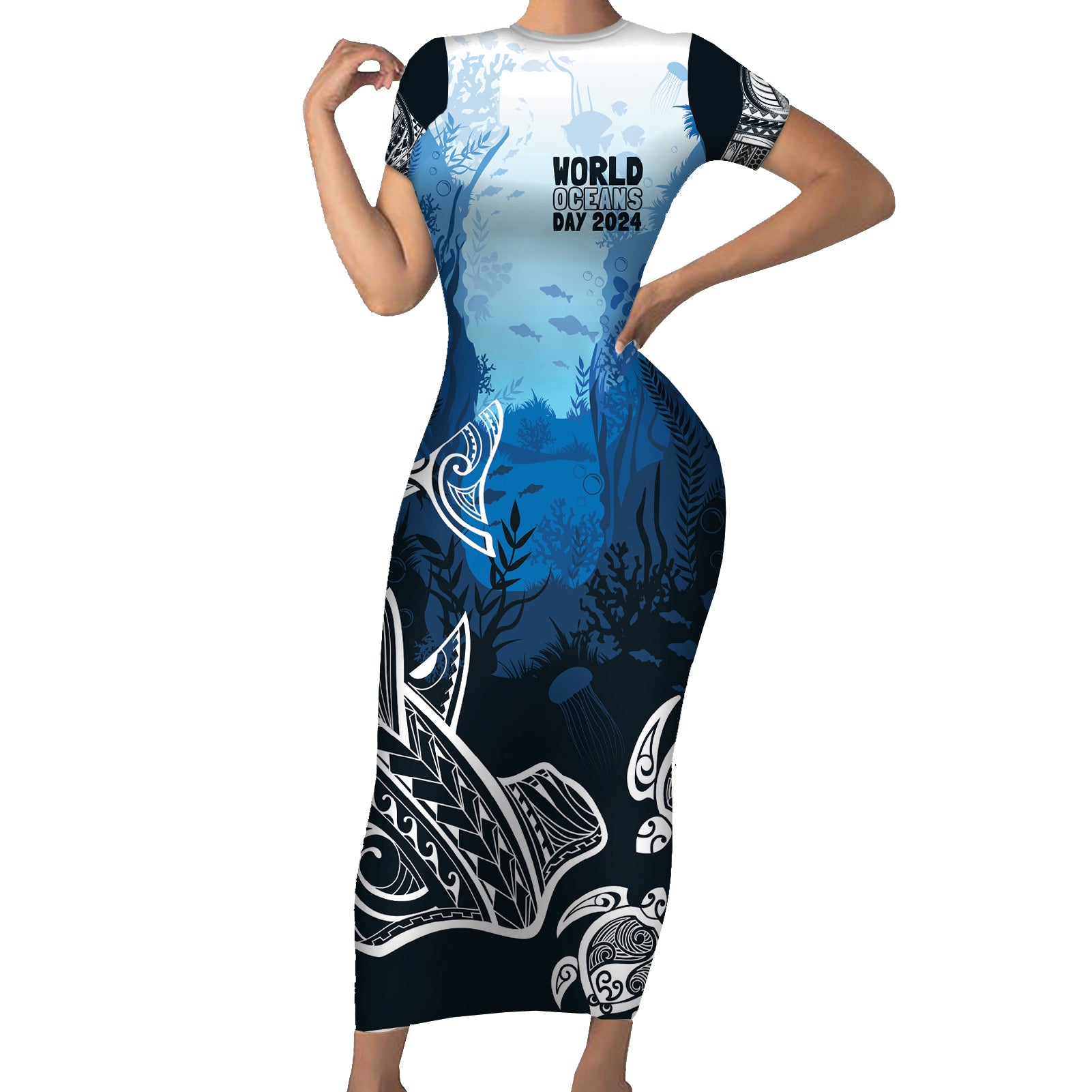 World Ocean Day Pasifika Short Sleeve Bodycon Dress Awaken New Depths