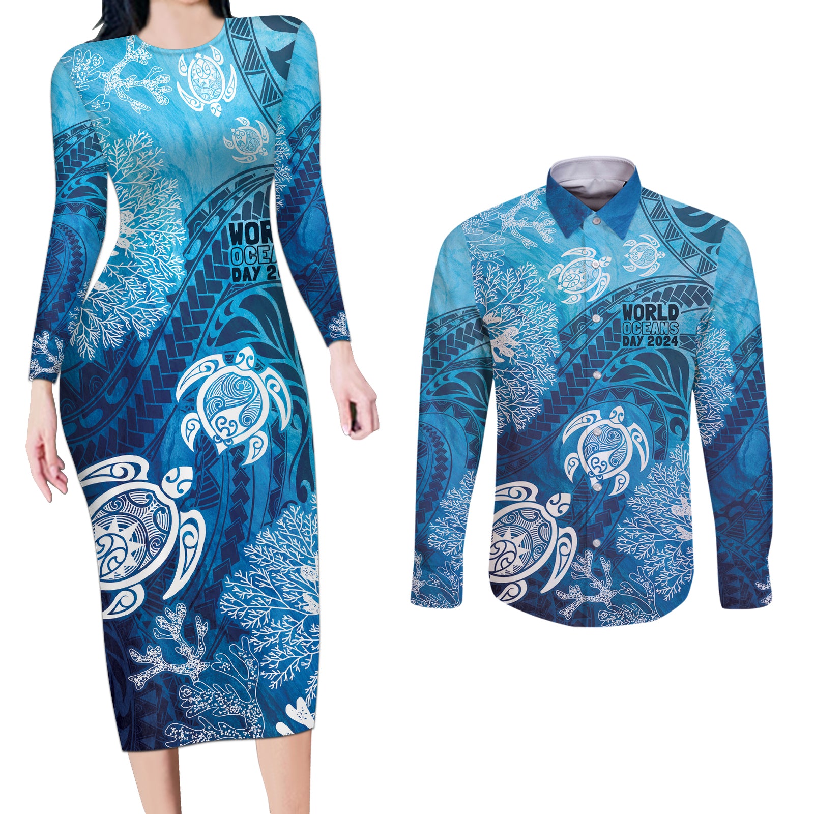 Hawaii World Ocean Day Couples Matching Long Sleeve Bodycon Dress and Long Sleeve Button Shirt Kakau Turtles