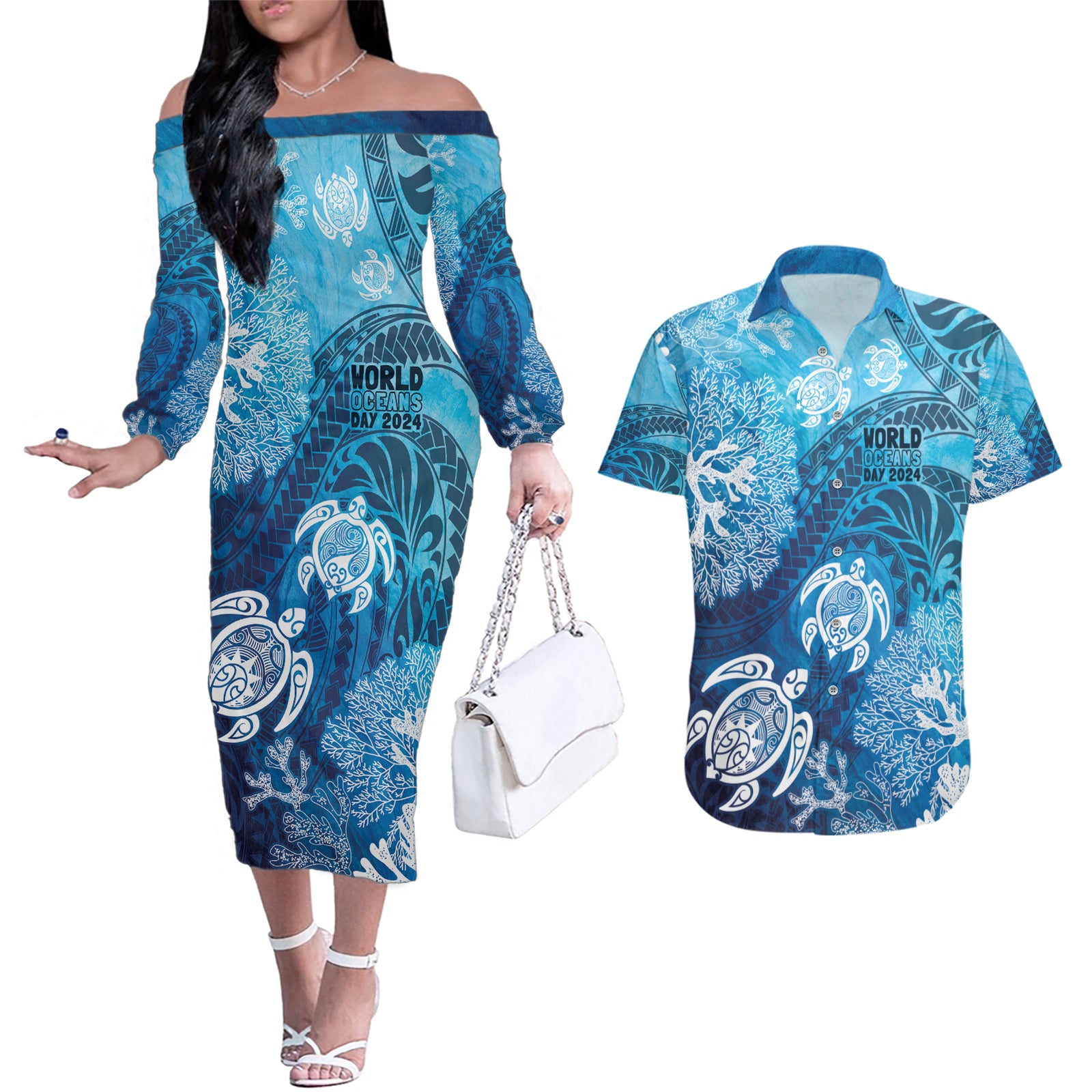 Hawaii World Ocean Day Couples Matching Off The Shoulder Long Sleeve Dress and Hawaiian Shirt Kakau Turtles