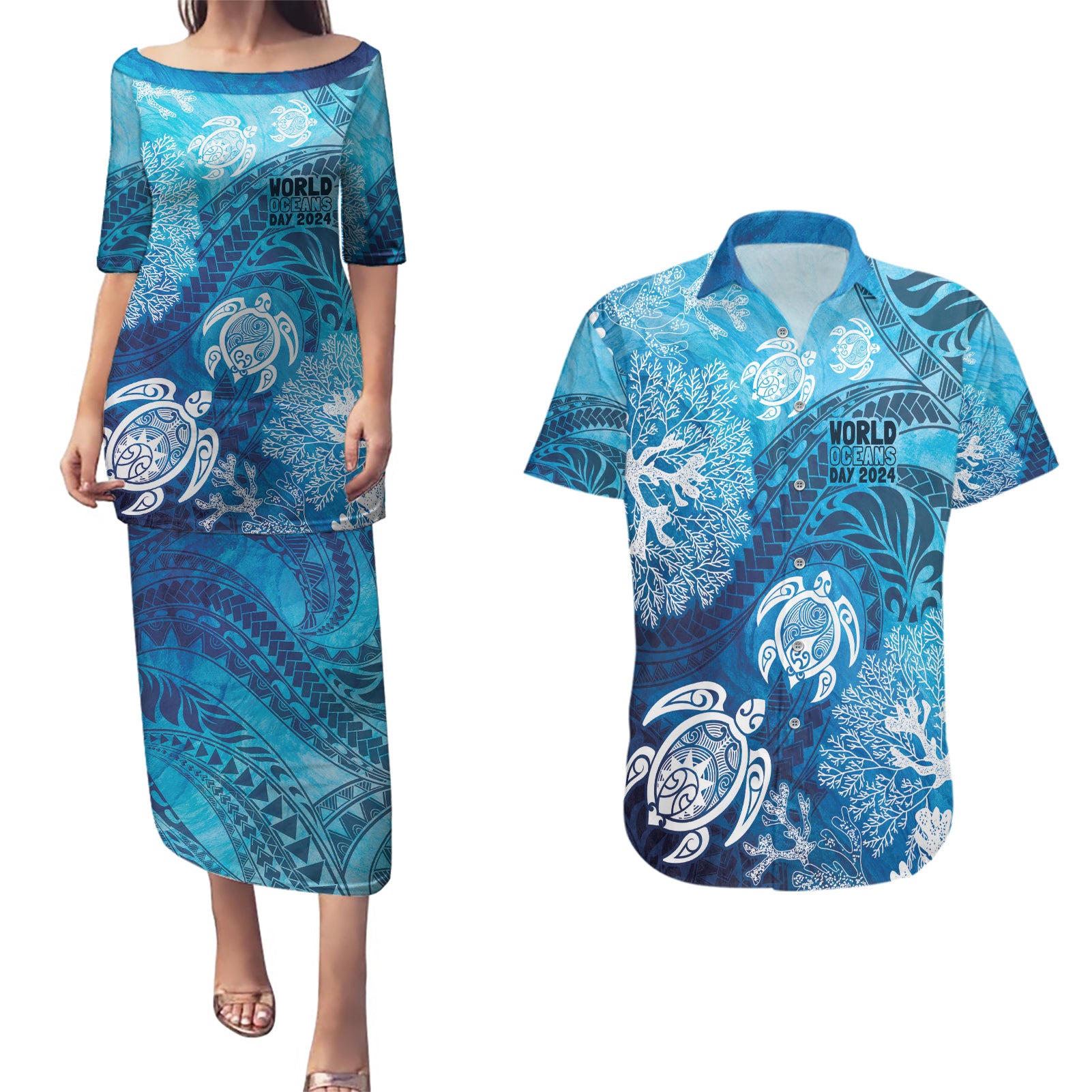 Hawaii World Ocean Day Couples Matching Puletasi and Hawaiian Shirt Kakau Turtles