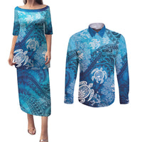 Hawaii World Ocean Day Couples Matching Puletasi and Long Sleeve Button Shirt Kakau Turtles