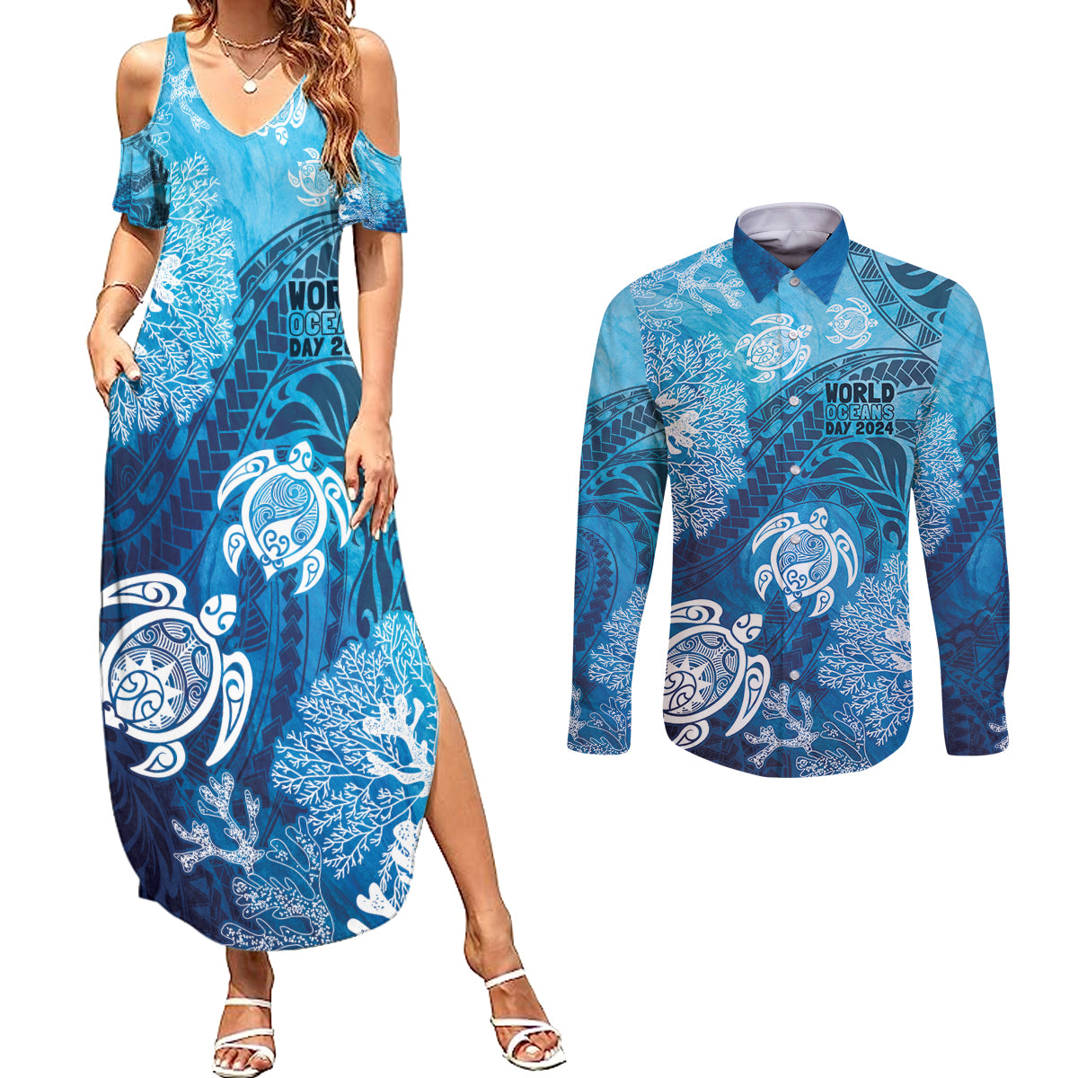 Hawaii World Ocean Day Couples Matching Summer Maxi Dress and Long Sleeve Button Shirt Kakau Turtles