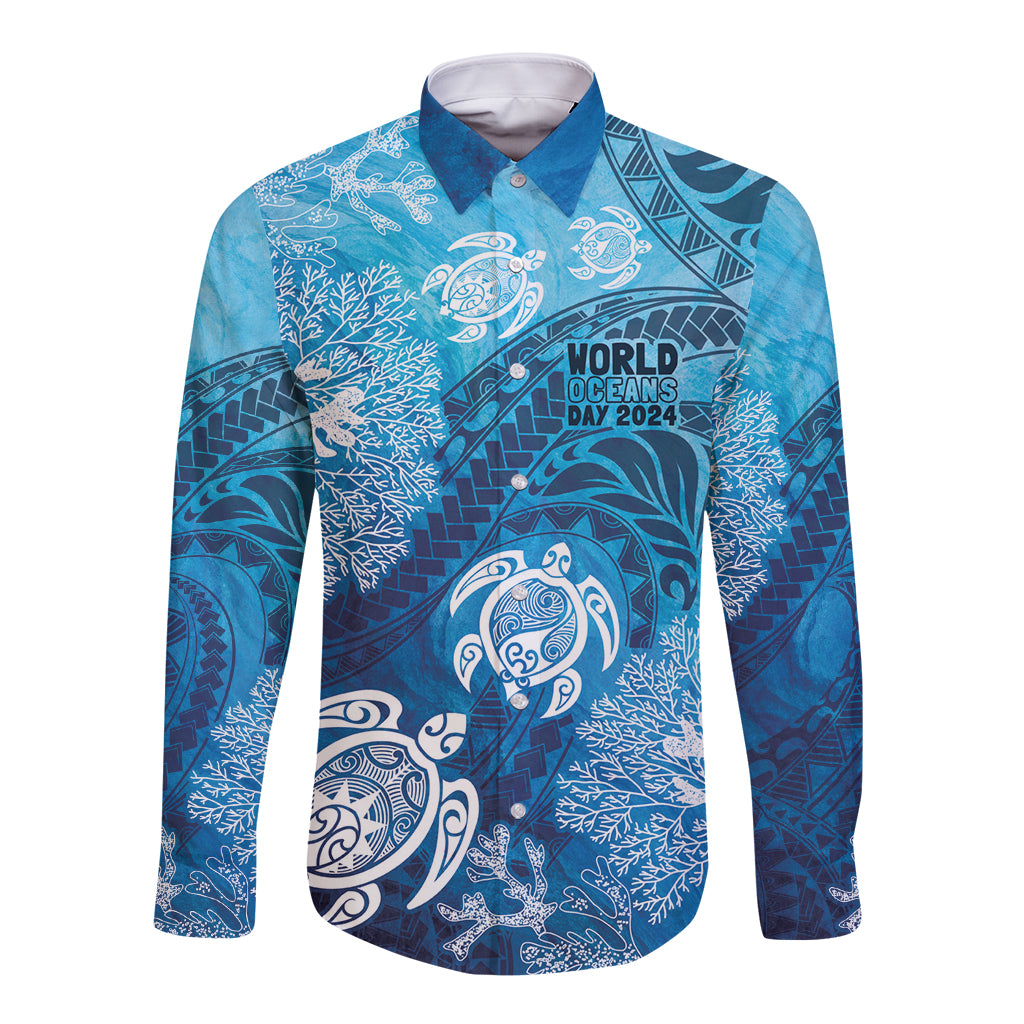 Hawaii World Ocean Day Long Sleeve Button Shirt Kakau Turtles