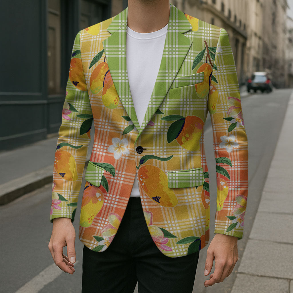 Aloha Hawaii Palaka Print Mango Plumeria Blazer Tropical Vibes