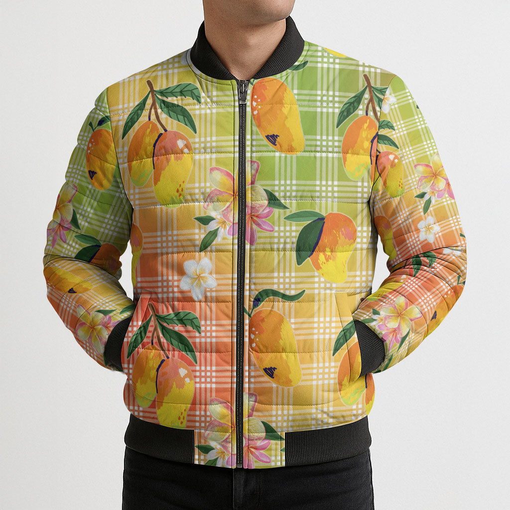 Aloha Hawaii Palaka Print Mango Plumeria Bomber Puffer Jacket Tropical Vibes