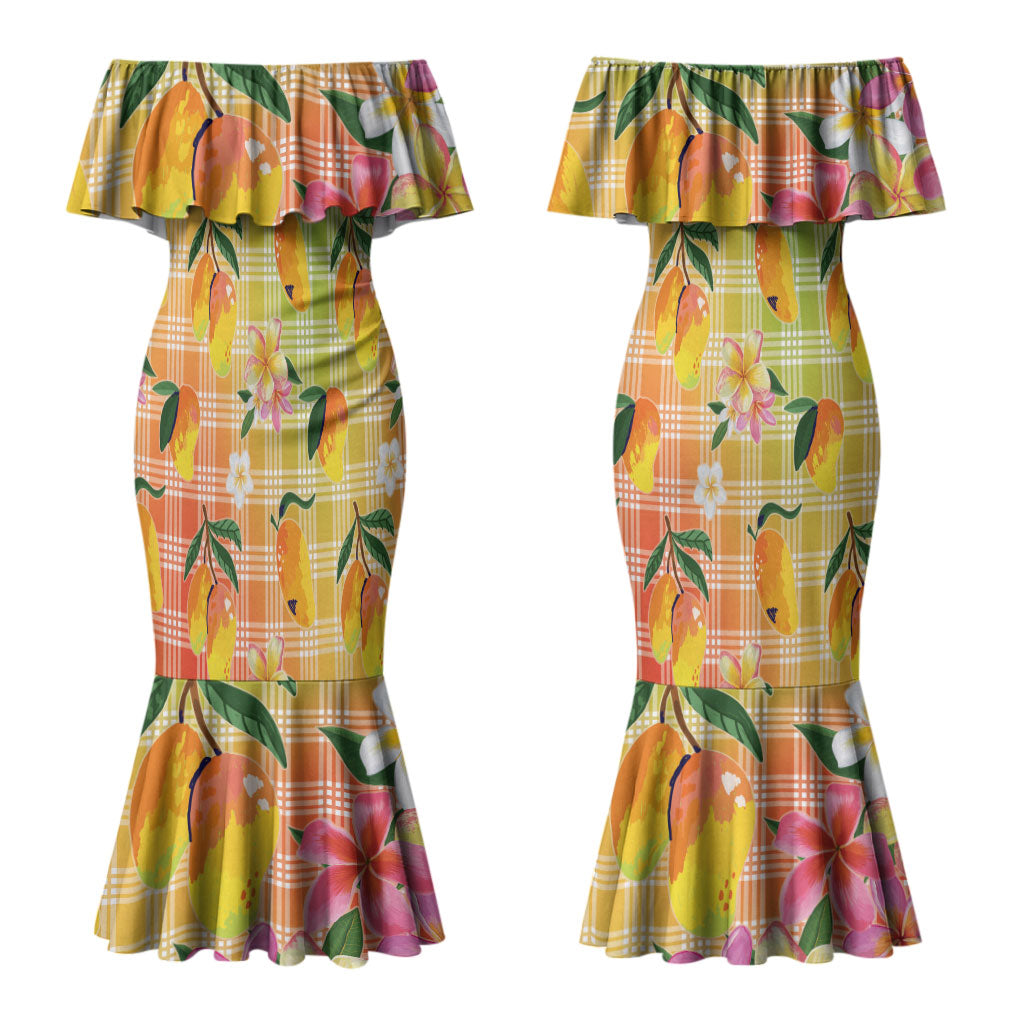 Aloha Hawaii Palaka Print Mango Plumeria Couples Matching Mermaid Dress and Hawaiian Shirt Tropical Vibes