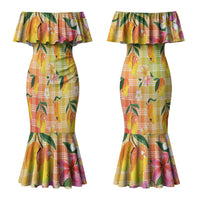 Aloha Hawaii Palaka Print Mango Plumeria Couples Matching Mermaid Dress and Hawaiian Shirt Tropical Vibes