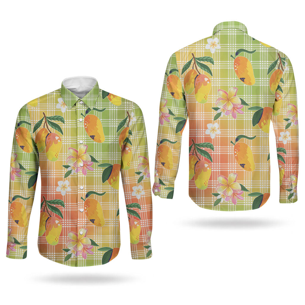 Aloha Hawaii Palaka Print Mango Plumeria Couples Matching Off Shoulder Short Dress and Long Sleeve Button Shirt Tropical Vibes
