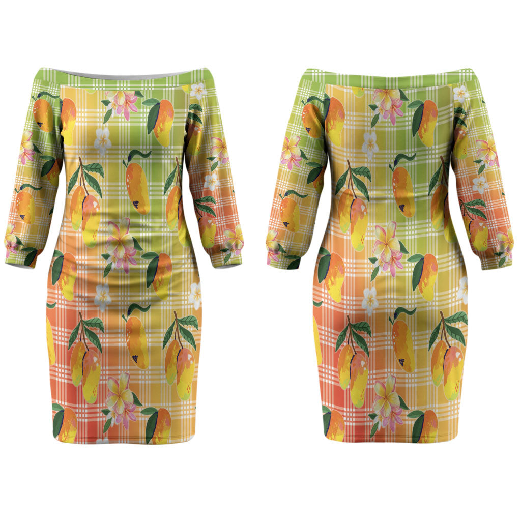 Aloha Hawaii Palaka Print Mango Plumeria Couples Matching Off The Shoulder Long Sleeve Dress and Hawaiian Shirt Tropical Vibes