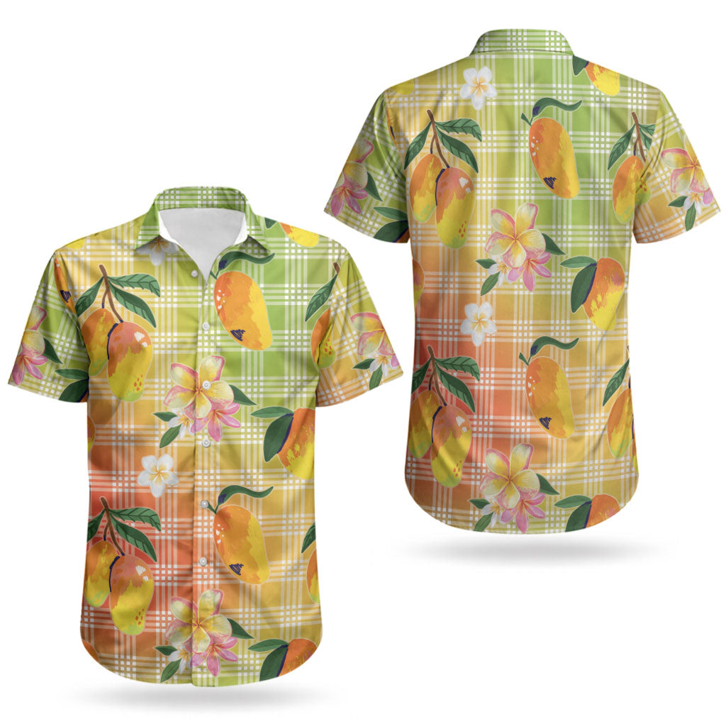Aloha Hawaii Palaka Print Mango Plumeria Couples Matching Puletasi and Hawaiian Shirt Tropical Vibes