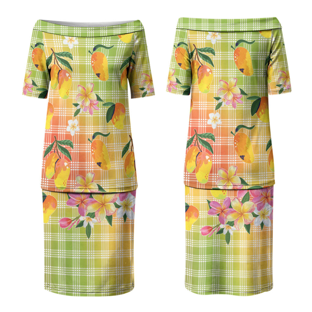 Aloha Hawaii Palaka Print Mango Plumeria Couples Matching Puletasi and Long Sleeve Button Shirt Tropical Vibes