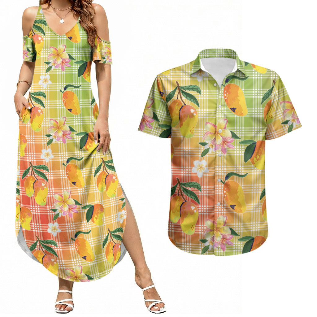 Aloha Hawaii Palaka Print Mango Plumeria Couples Matching Summer Maxi Dress and Hawaiian Shirt Tropical Vibes