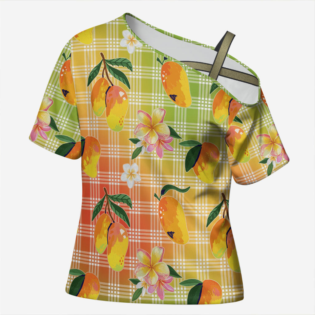 Aloha Hawaii Palaka Print Mango Plumeria Cross Shoulder Shirt Tropical Vibes