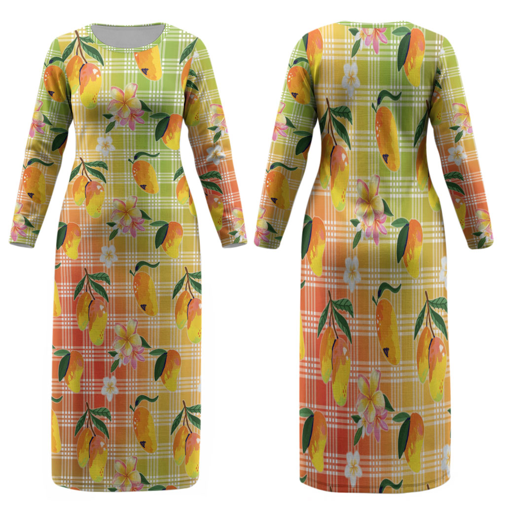 Aloha Hawaii Palaka Print Mango Plumeria Family Matching Long Sleeve Bodycon Dress and Hawaiian Shirt Tropical Vibes