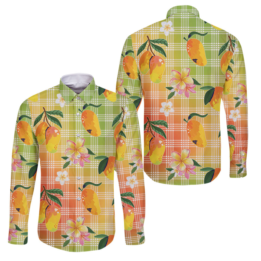 Aloha Hawaii Palaka Print Mango Plumeria Family Matching Long Sleeve Bodycon Dress and Hawaiian Shirt Tropical Vibes