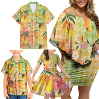 Aloha Hawaii Palaka Print Mango Plumeria Family Matching Off Shoulder Short Dress and Hawaiian Shirt Tropical Vibes