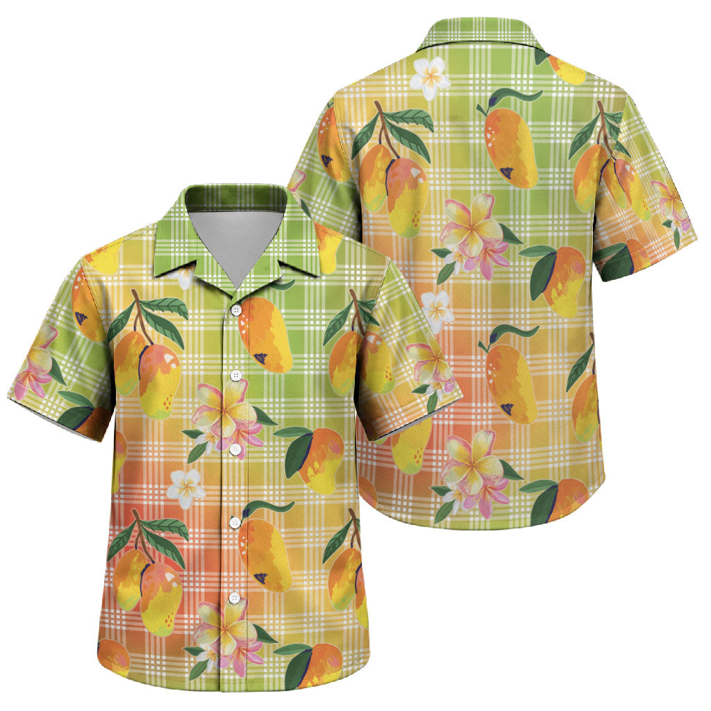 Aloha Hawaii Palaka Print Mango Plumeria Family Matching Off Shoulder Short Dress and Hawaiian Shirt Tropical Vibes