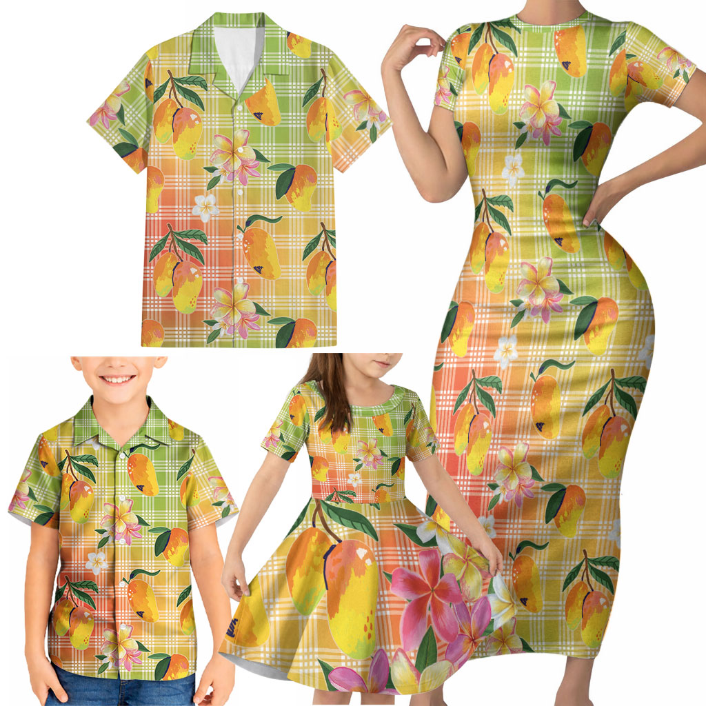 Aloha Hawaii Palaka Print Mango Plumeria Family Matching Short Sleeve Bodycon Dress and Hawaiian Shirt Tropical Vibes