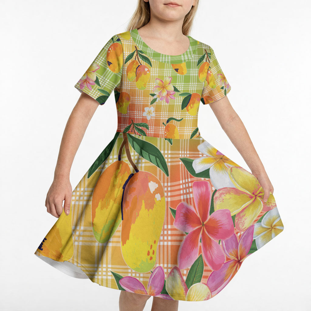 Aloha Hawaii Palaka Print Mango Plumeria Kid Short Sleeve Dress Tropical Vibes