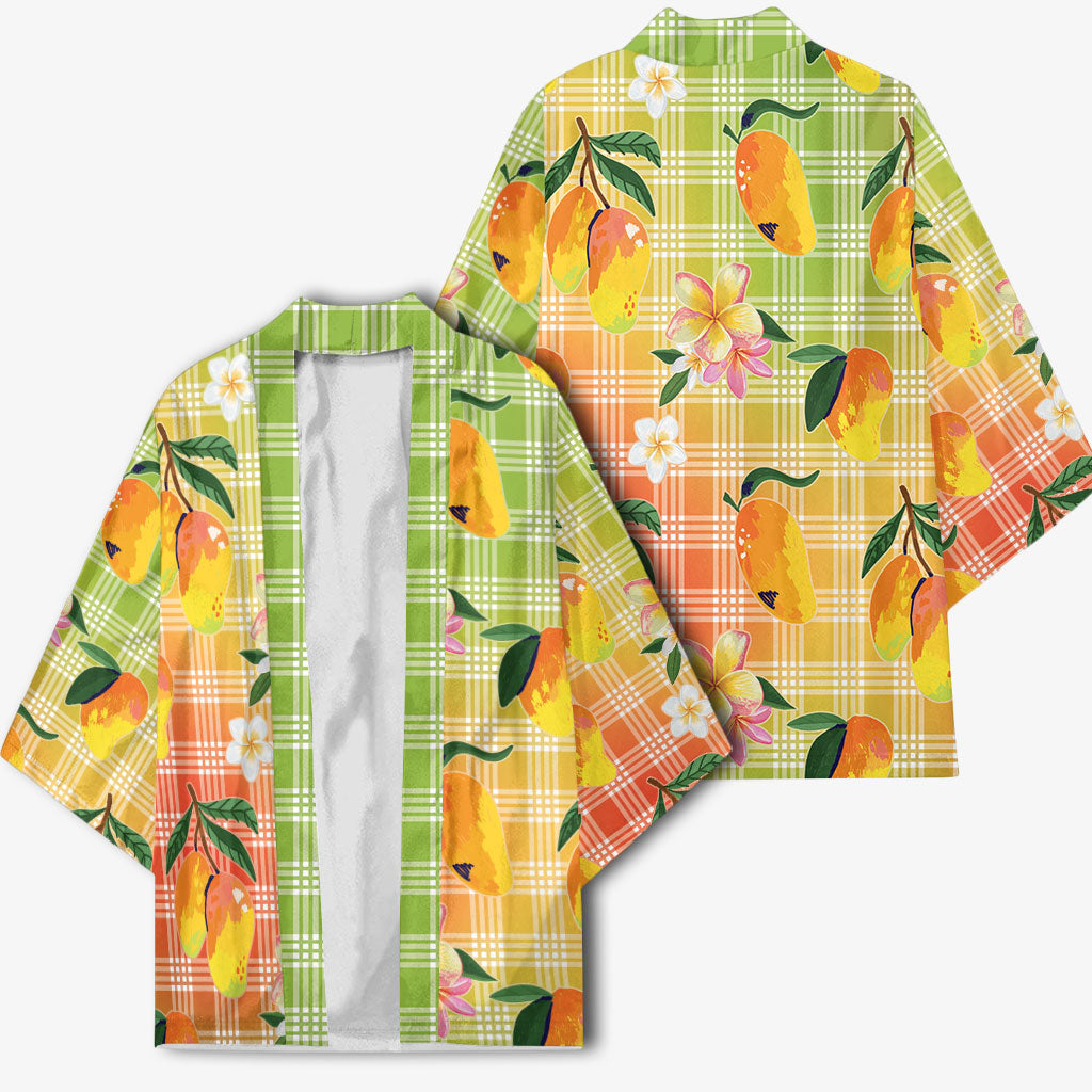 Aloha Hawaii Palaka Print Mango Plumeria Kimono Tropical Vibes