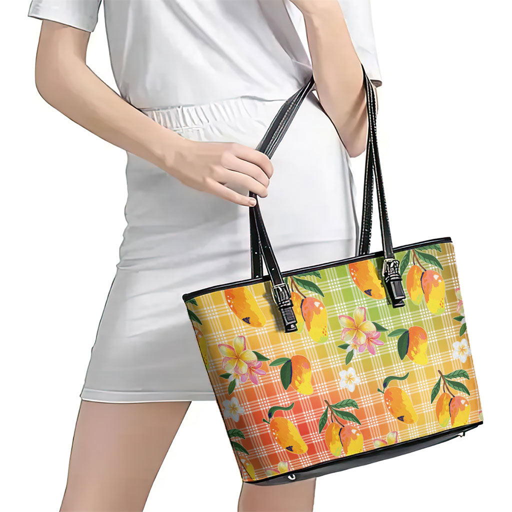Aloha Hawaii Palaka Print Mango Plumeria Leather Tote Bag Tropical Vibes